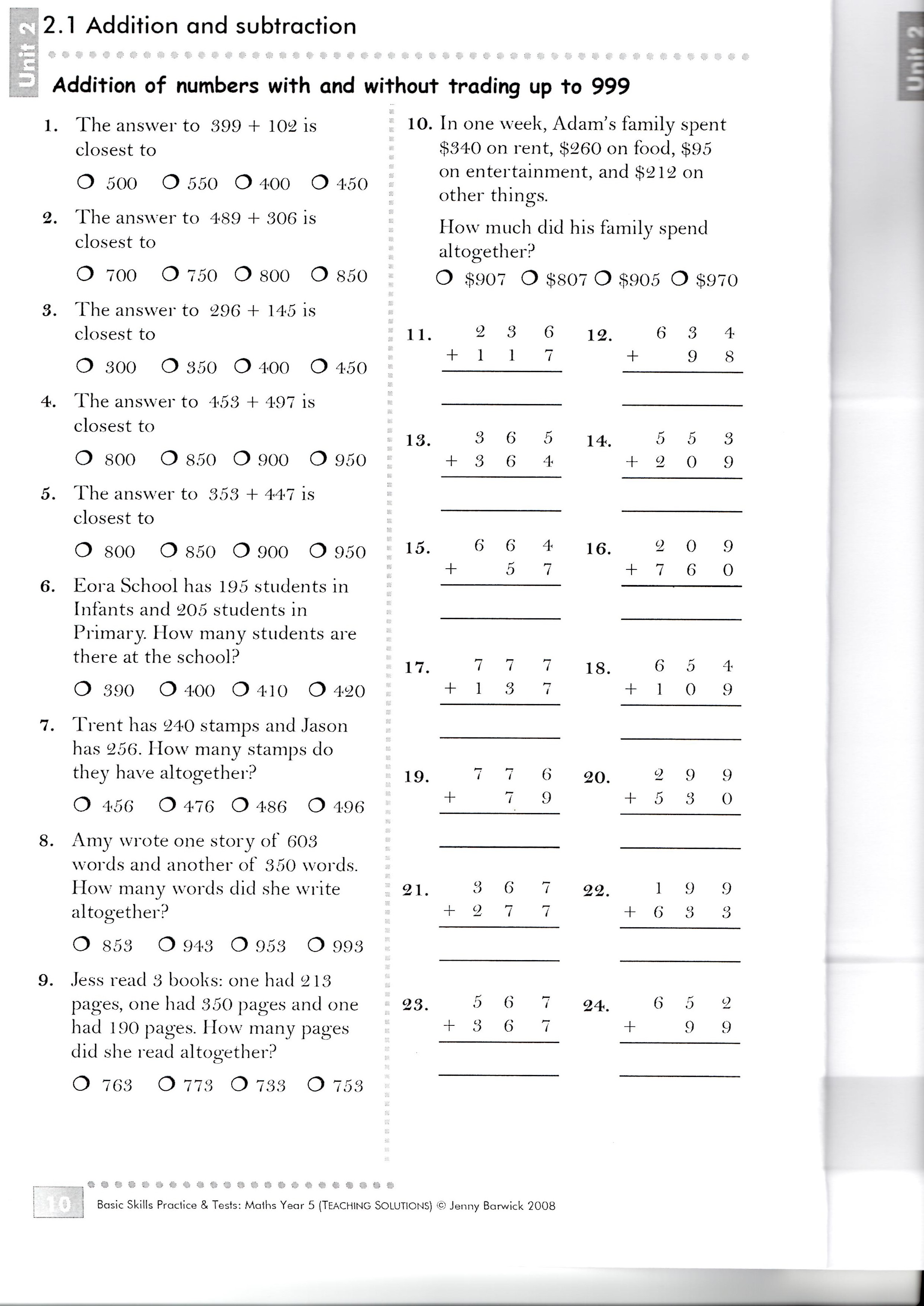 Basic Math Skills Test Worksheets